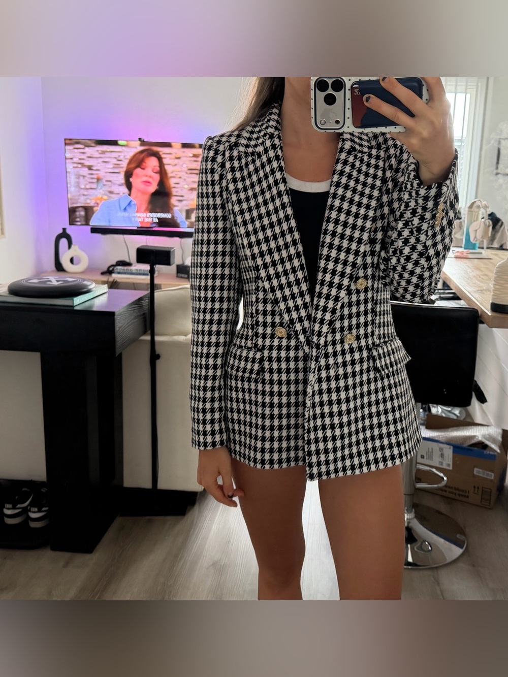Zara Black & White Houndstooth Double-Breasted Blazer With Gold
Buttons